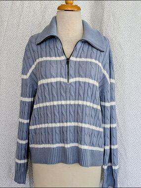 Hollister Light Blue & White Cable-Knit Half-Zip Sweater